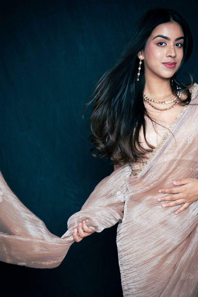Golden Champagne Crush Tissue Organza Saree with Handwork
