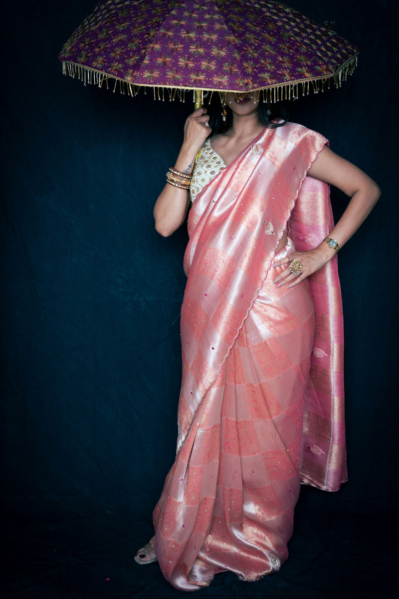 Bubblegum Pink Banarasi Crepe Silk Saree with Zari Weaving and Handwork