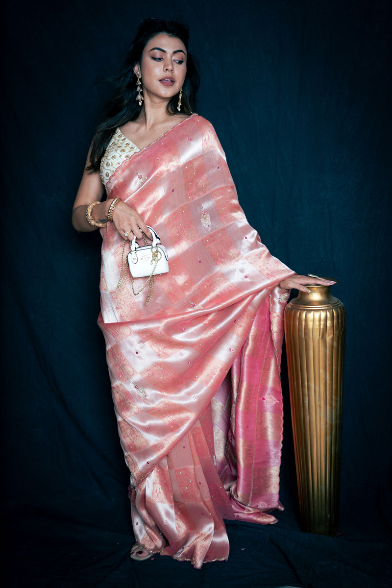 Bubblegum Pink Banarasi Crepe Silk Saree with Zari Weaving and Handwork