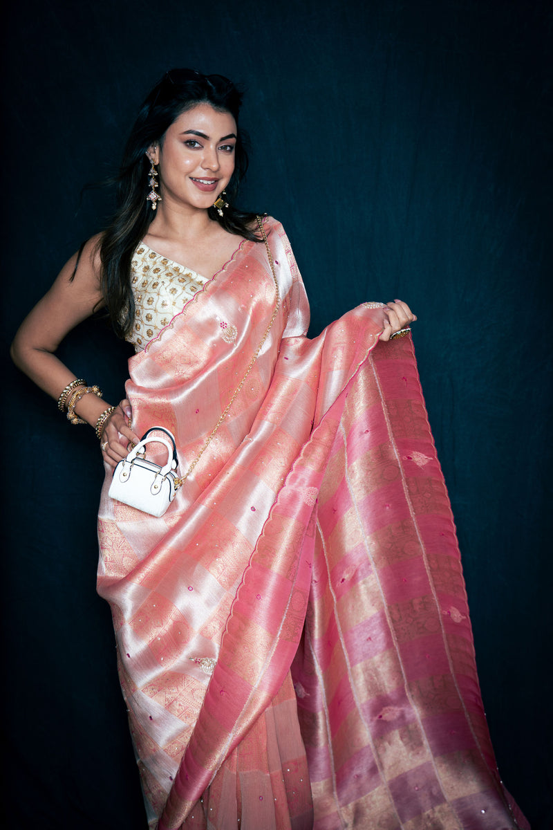 Bubblegum Pink Banarasi Crepe Silk Saree with Zari Weaving and Handwork
