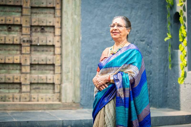 Blue Dual shade Tussar Gheecha Silk Saree