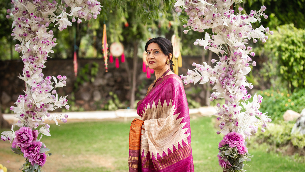 Pink and Muatard Dual shade Tussar Gheecha Silk Saree