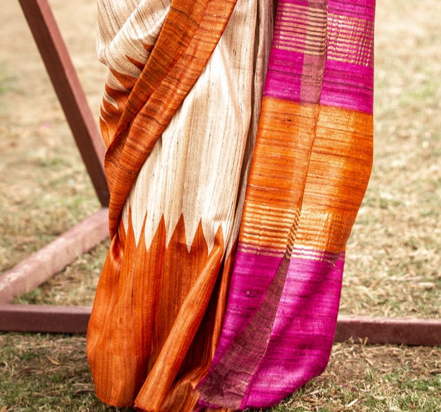 Pink and Muatard Dual shade Tussar Gheecha Silk Saree