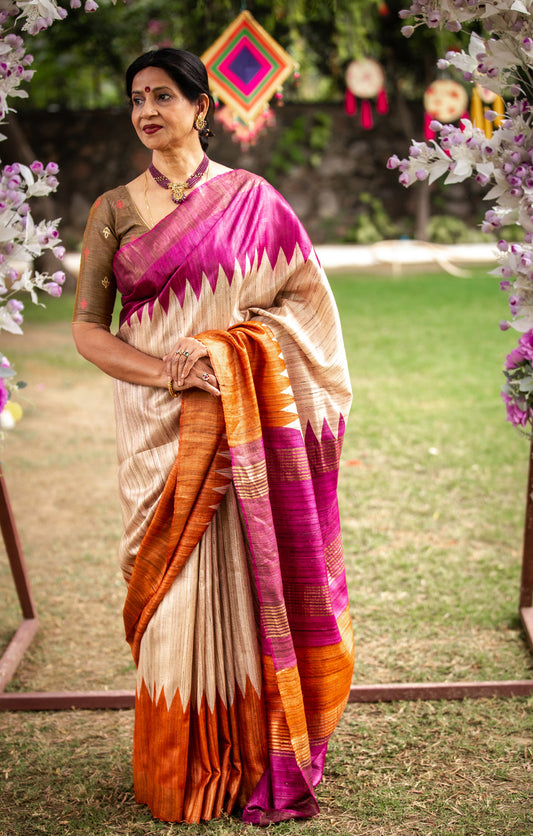 Pink and Muatard Dual shade Tussar Gheecha Silk Saree