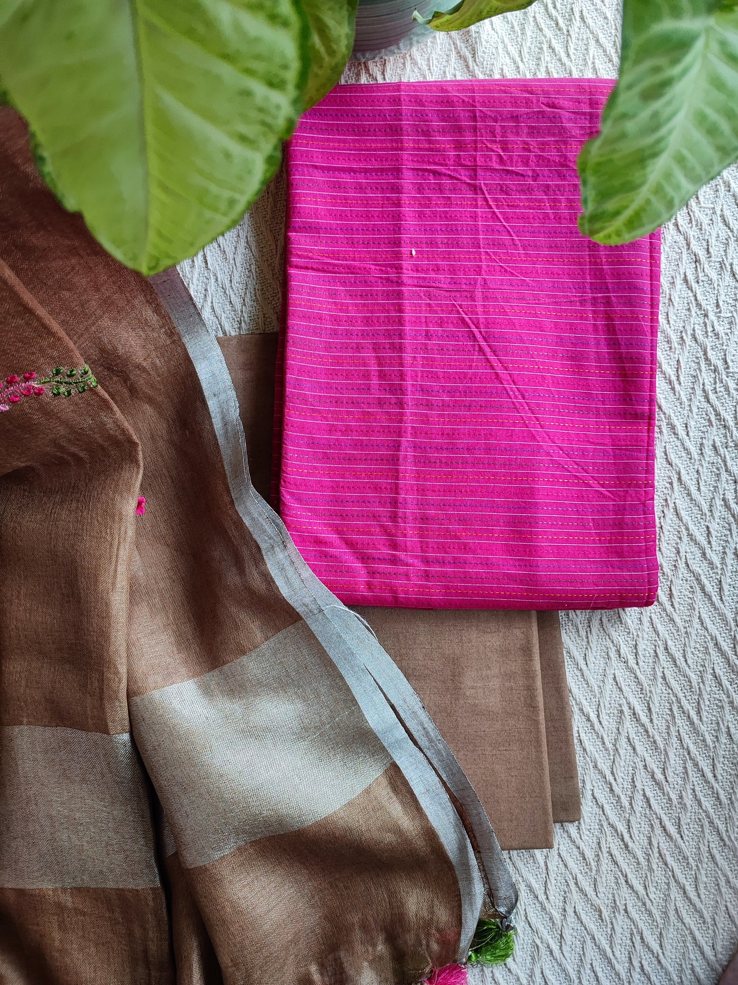 Fuchsia pink Monochromatic Cotton Kurta with Penny Brown Floral embroidery Linen Dupatta
