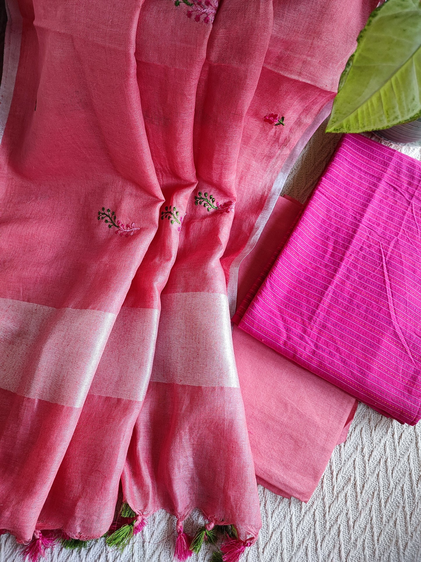 Fuchsia pink Monochromatic Cotton Kurta with Peach Blush Peach Floral embroidery Linen Dupatta