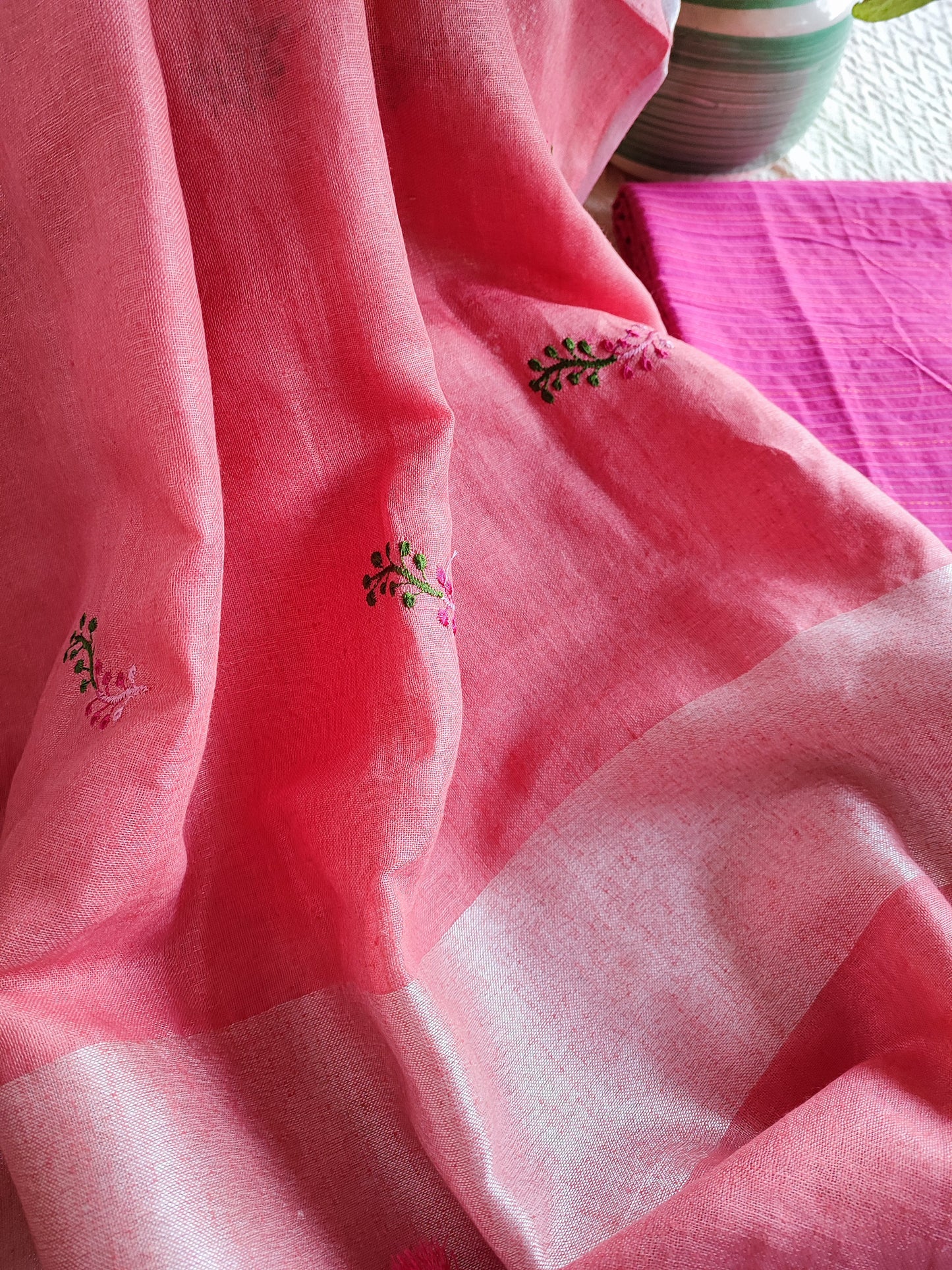 Fuchsia pink Monochromatic Cotton Kurta with Peach Blush Peach Floral embroidery Linen Dupatta