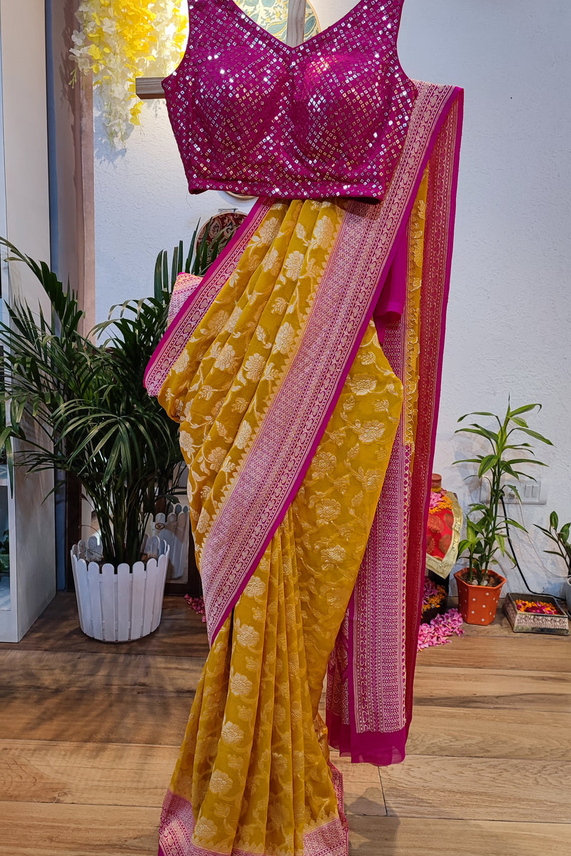 Sunshine yellow and PinK Pure Georgette Banarsi Saree