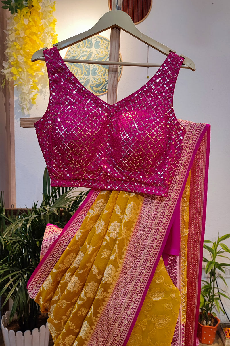 Sunshine yellow and PinK Pure Georgette Banarsi Saree