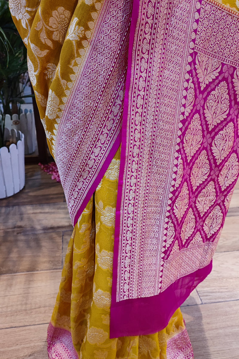 Sunshine yellow and PinK Pure Georgette Banarsi Saree