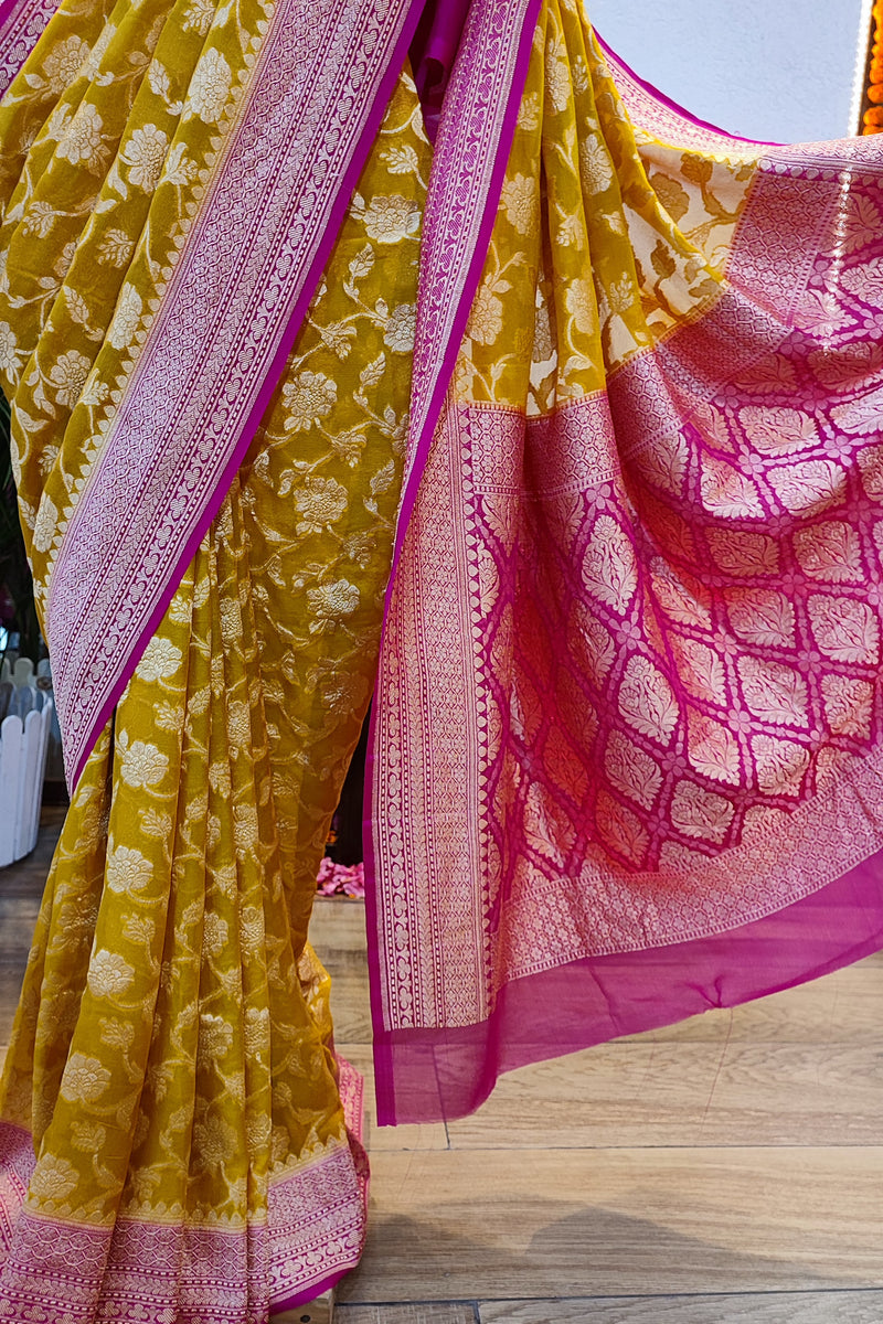 Sunshine yellow and PinK Pure Georgette Banarsi Saree