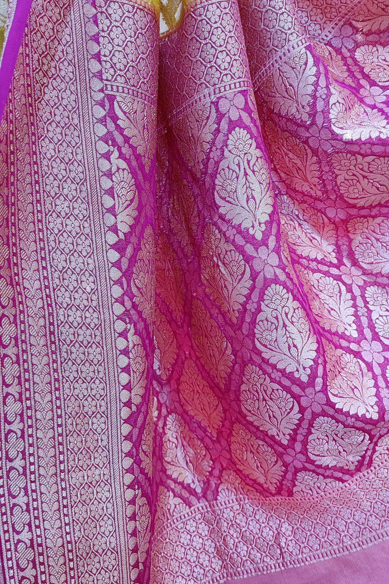 Sunshine yellow and PinK Pure Georgette Banarsi Saree