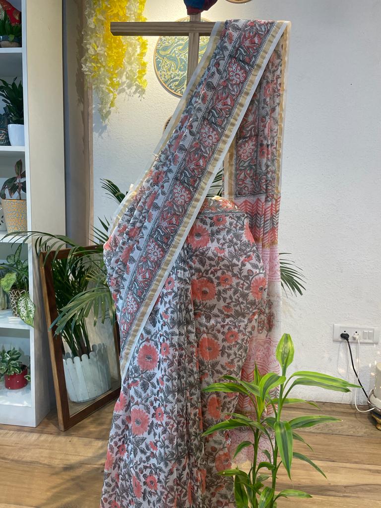 White and Coral Chanderi Silk Cotton Handblock Printed Floral Saree