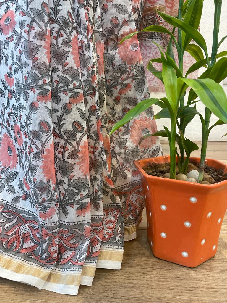 White and Coral Chanderi Silk Cotton Handblock Printed Floral Saree