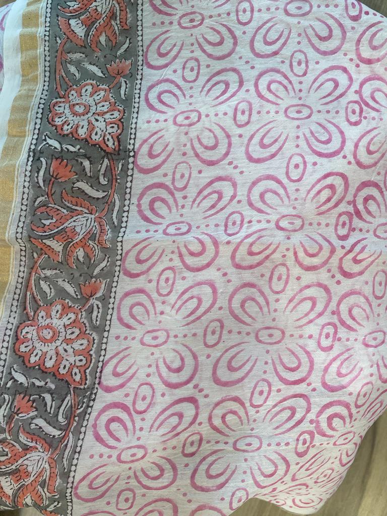 White and Coral Chanderi Silk Cotton Handblock Printed Floral Saree