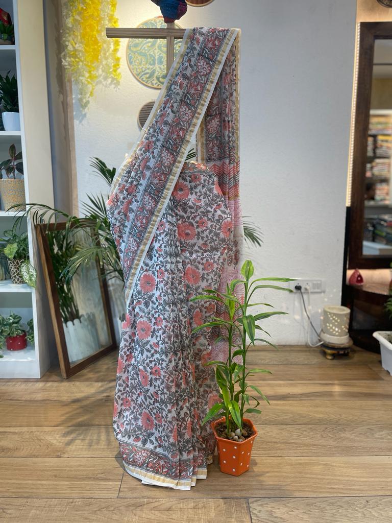 White and Coral Chanderi Silk Cotton Handblock Printed Floral Saree