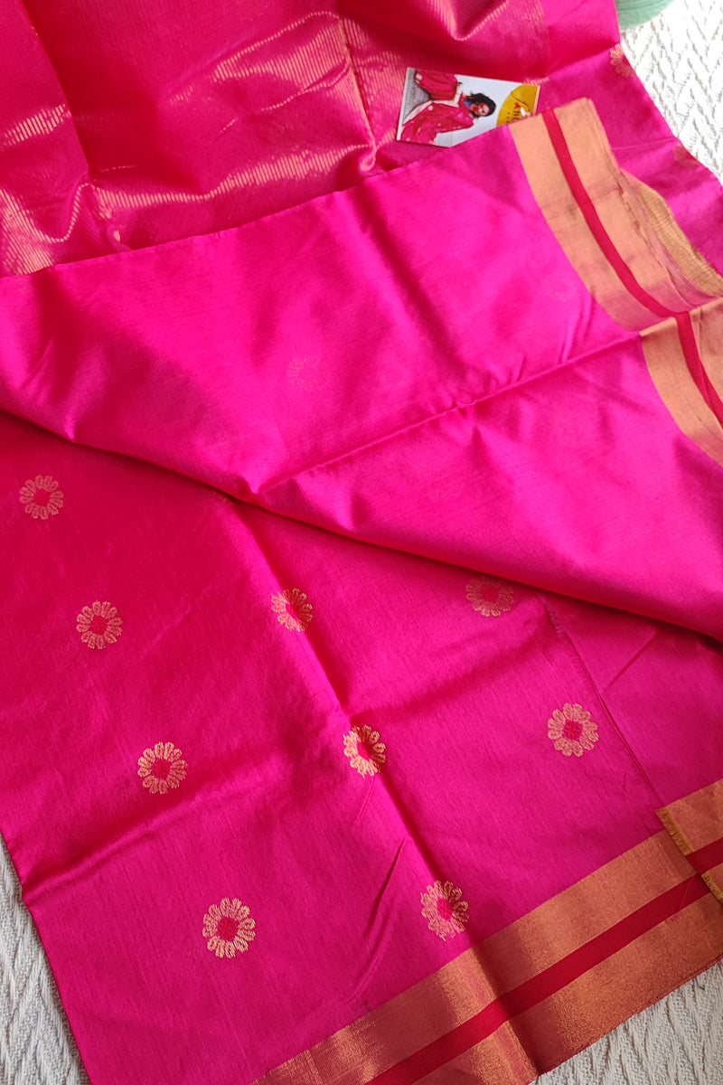 Ruby Pink Premium Pattu Silk Chanderi Saree with Minakari motifs