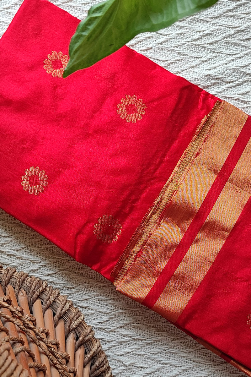 Crimson Red Premium Pattu Silk Chanderi Saree with Minakari motifs
