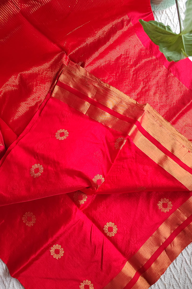 Crimson Red Premium Pattu Silk Chanderi Saree with Minakari motifs