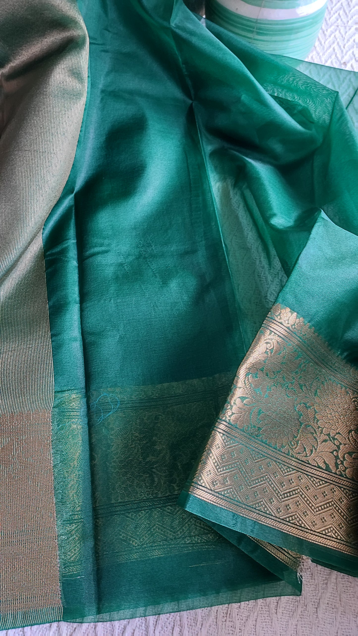 Emerald green Semi Organza Saree With Zari Border