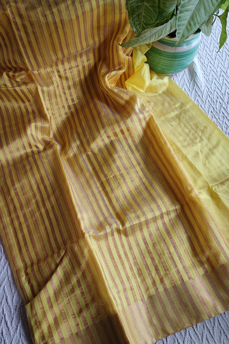 Sunrise Yellow Premium Pattu Silk Chanderi Saree with Stripes