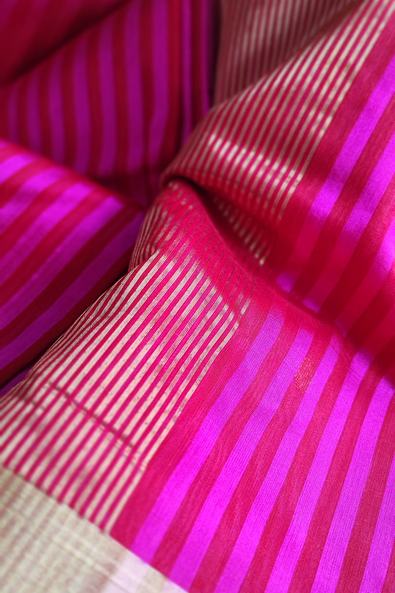 Hot Pink Premium Pattu Silk Chanderi Saree with Stripes