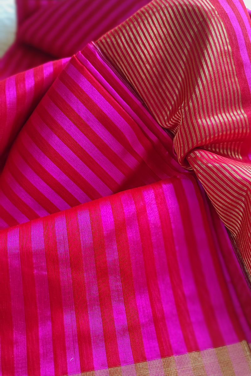 Hot Pink Premium Pattu Silk Chanderi Saree with Stripes