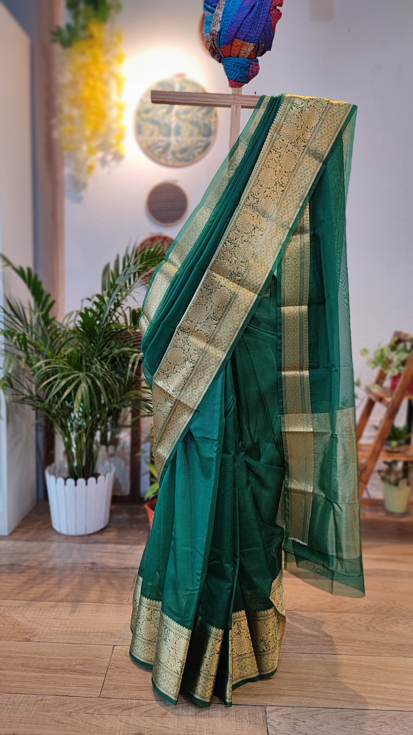 Emerald green Semi Organza Saree With Zari Border