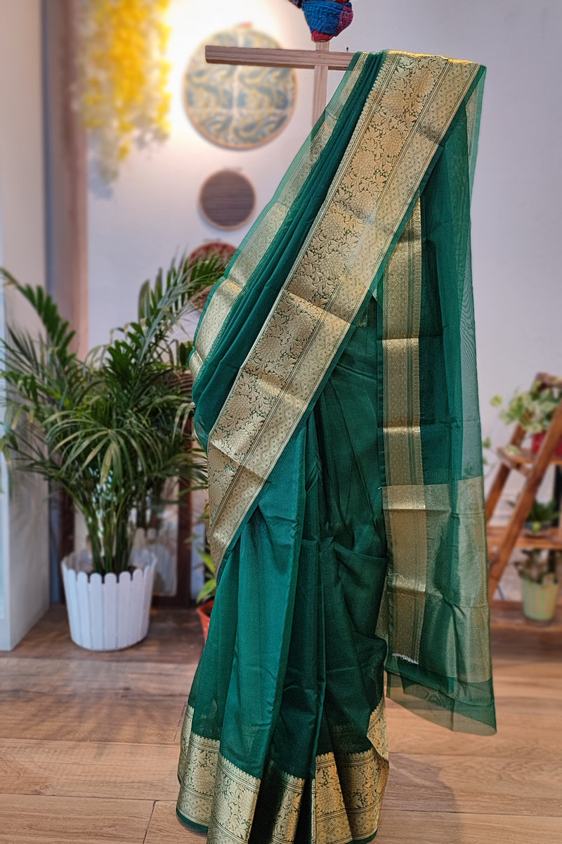 Emerald green Semi Organza Saree With Zari Border