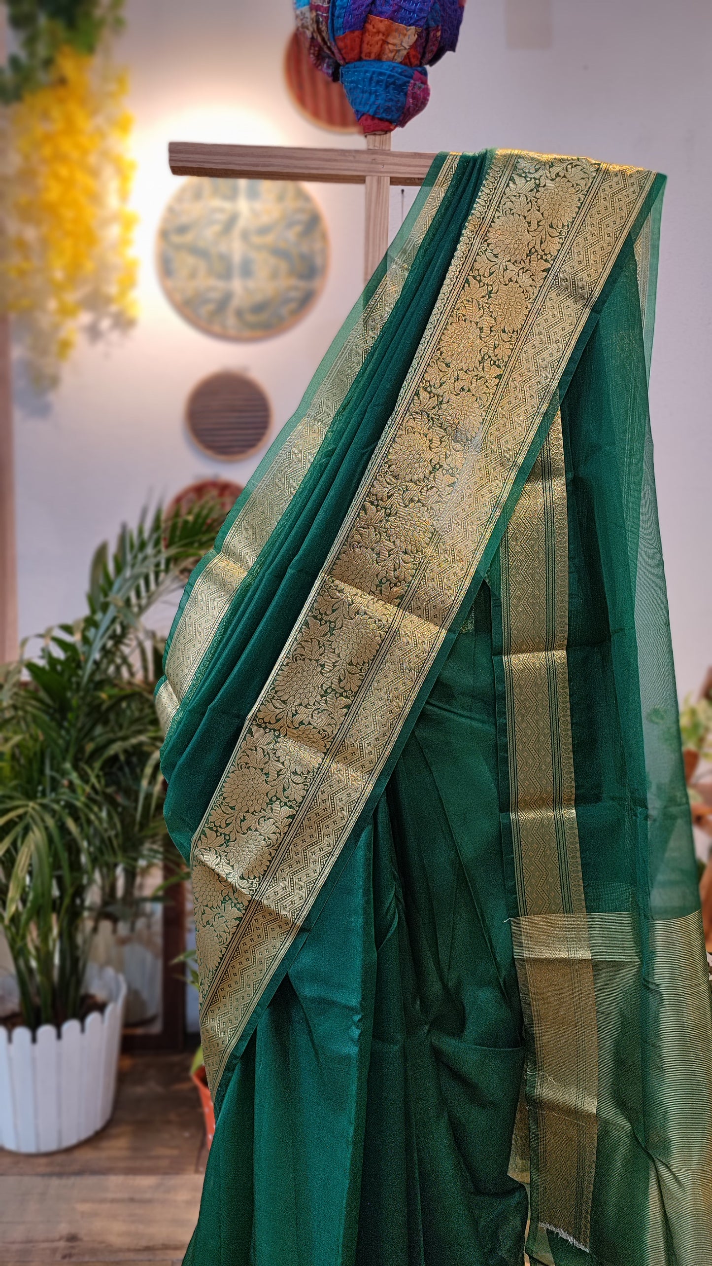 Emerald green Semi Organza Saree With Zari Border