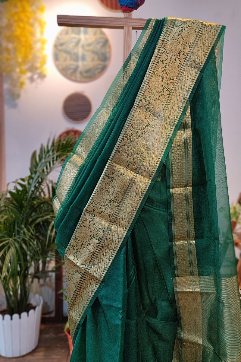Emerald green Semi Organza Saree With Zari Border