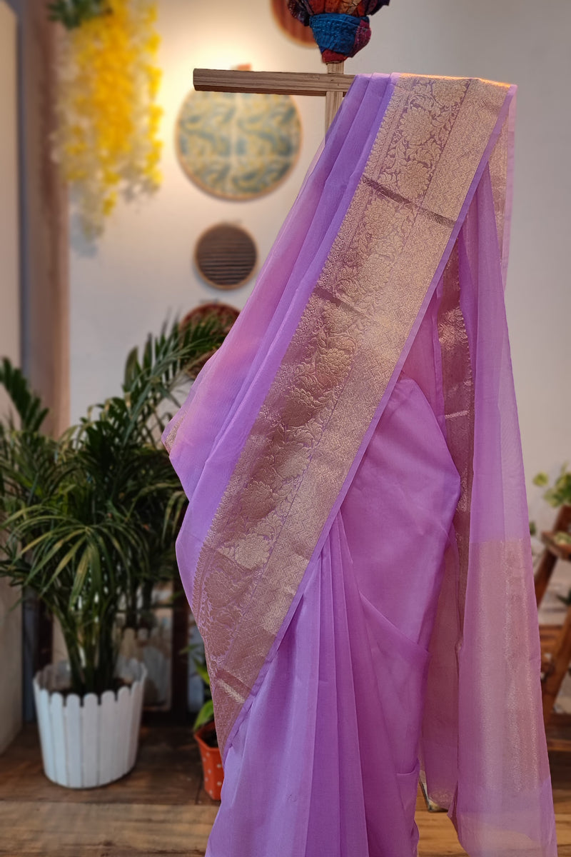 Lavender Semi Organza Saree With Zari Border