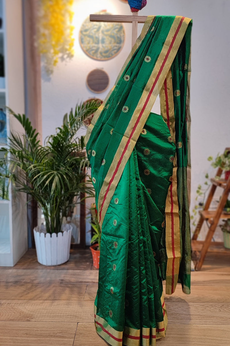 Forest Green Premium Pattu Silk Chanderi Saree with Minakari motifs