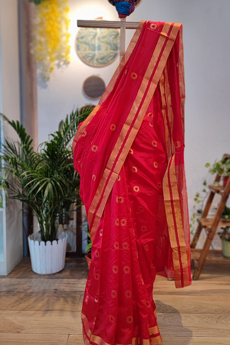 Crimson Red Premium Pattu Silk Chanderi Saree with Minakari motifs