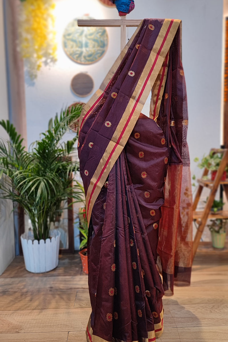 Mulberry Purple Premium Pattu Silk Chanderi Saree with Minakari motifs