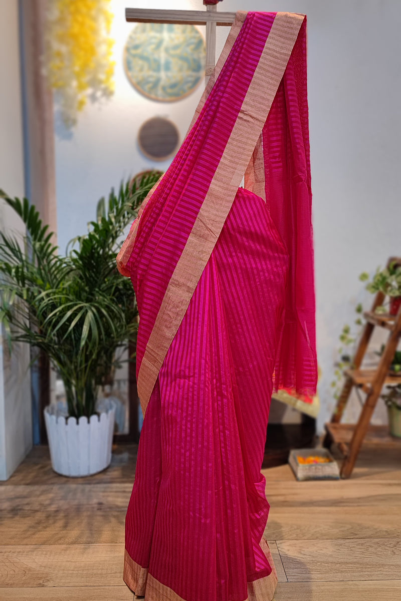 Hot Pink Premium Pattu Silk Chanderi Saree with Stripes