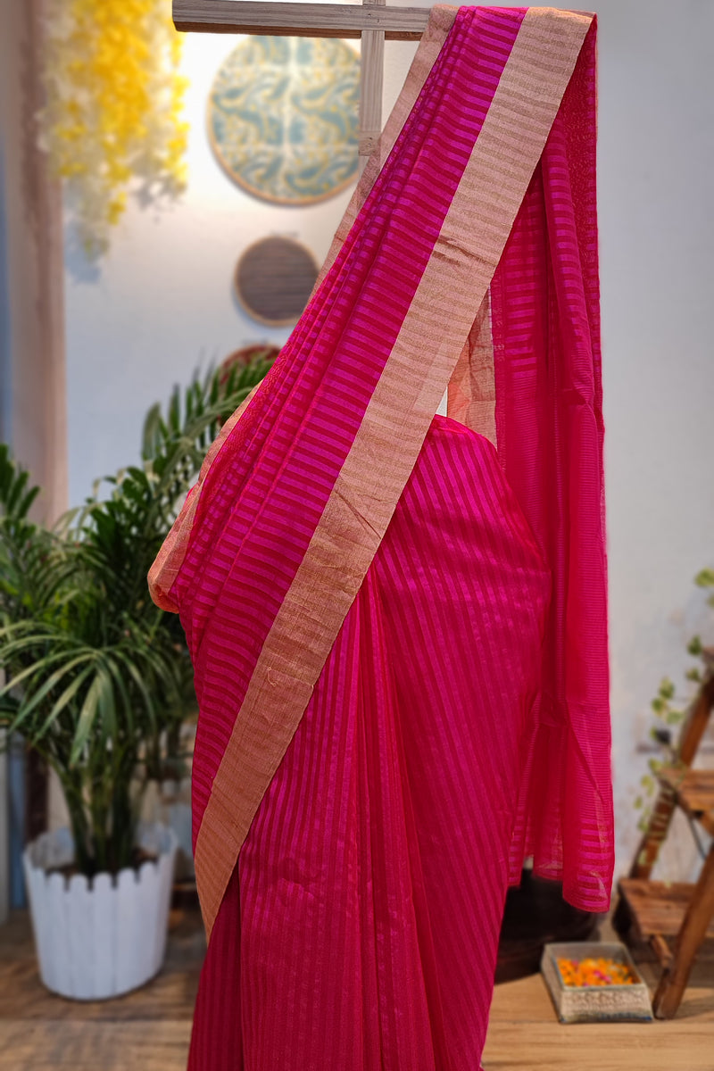 Hot Pink Premium Pattu Silk Chanderi Saree with Stripes