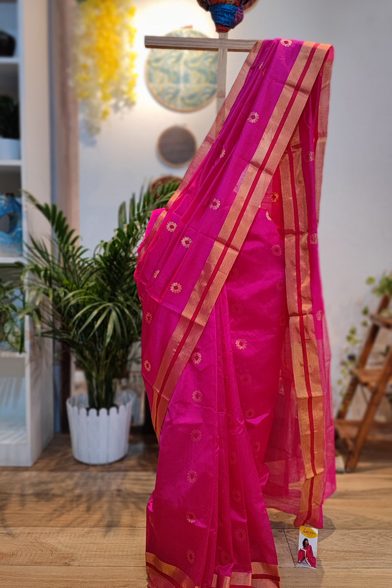 Ruby Pink Premium Pattu Silk Chanderi Saree with Minakari motifs