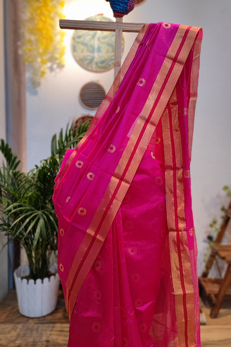 Ruby Pink Premium Pattu Silk Chanderi Saree with Minakari motifs
