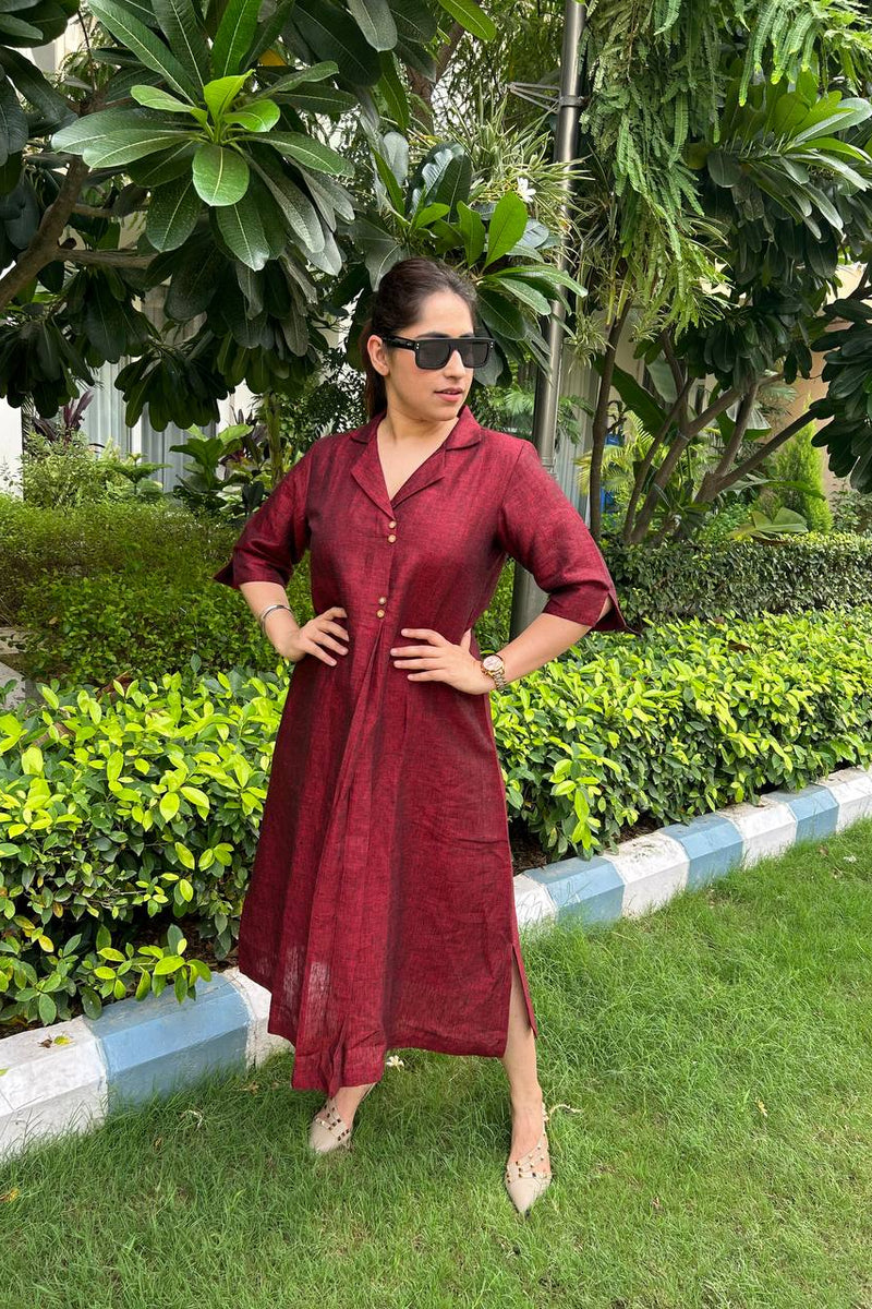 Maroon Linen Antifit Collared Dress/Kurta