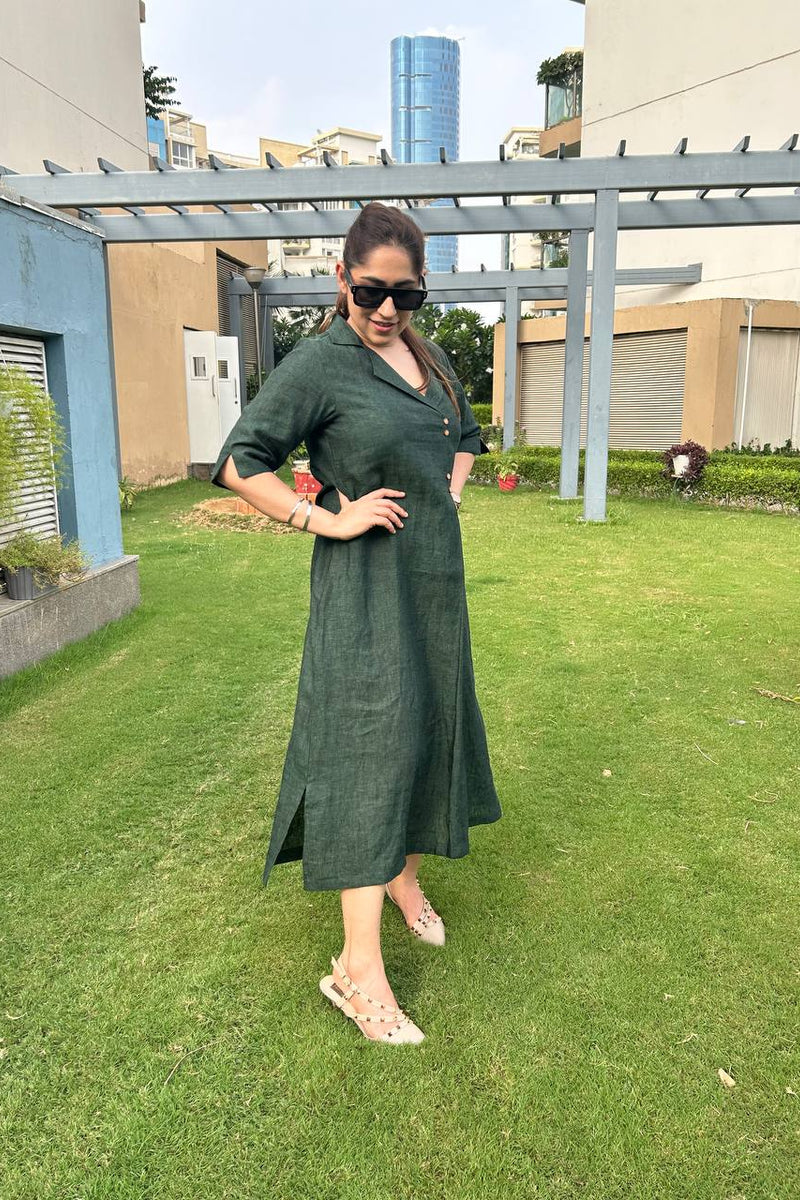 Olive Green Linen Antifit Collared Dress/Kurta