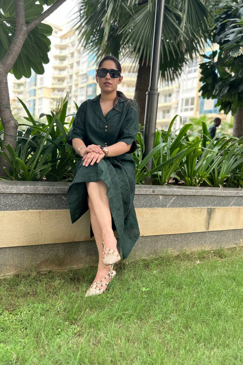 Olive Green Linen Antifit Collared Dress/Kurta