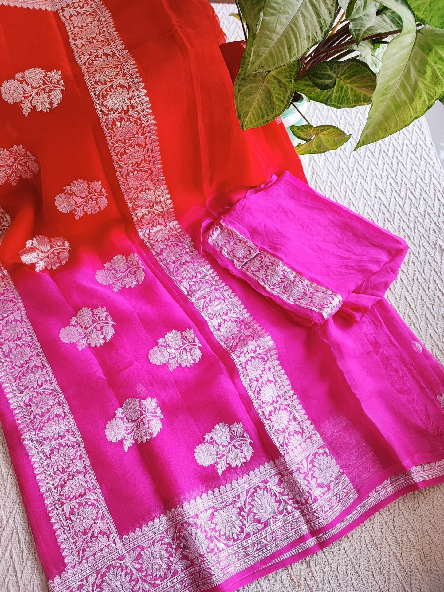 Dual Shade Hot Pink & Red Banarasi Khaddi Georgette Saree with Zari Work