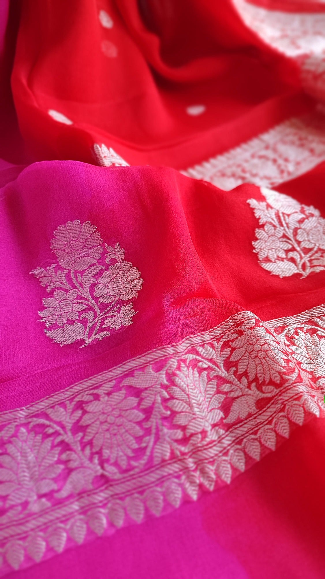 Dual Shade Hot Pink & Red Banarasi Khaddi Georgette Saree with Zari Work