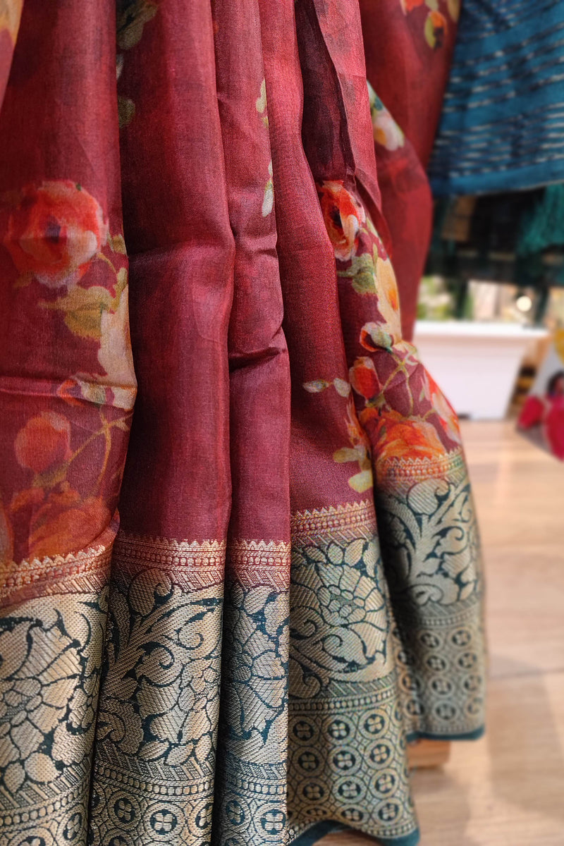 Amber Rust Black Dola Banarasi Floral Print saree