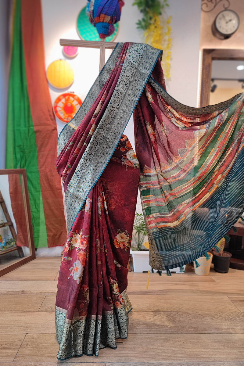 Amber Rust Black Dola Banarasi Floral Print saree