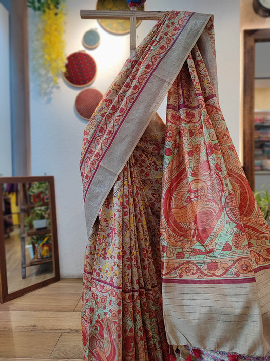 Beige and Rust Moonga Tassar Silk Digital kalamkari Silk Saree