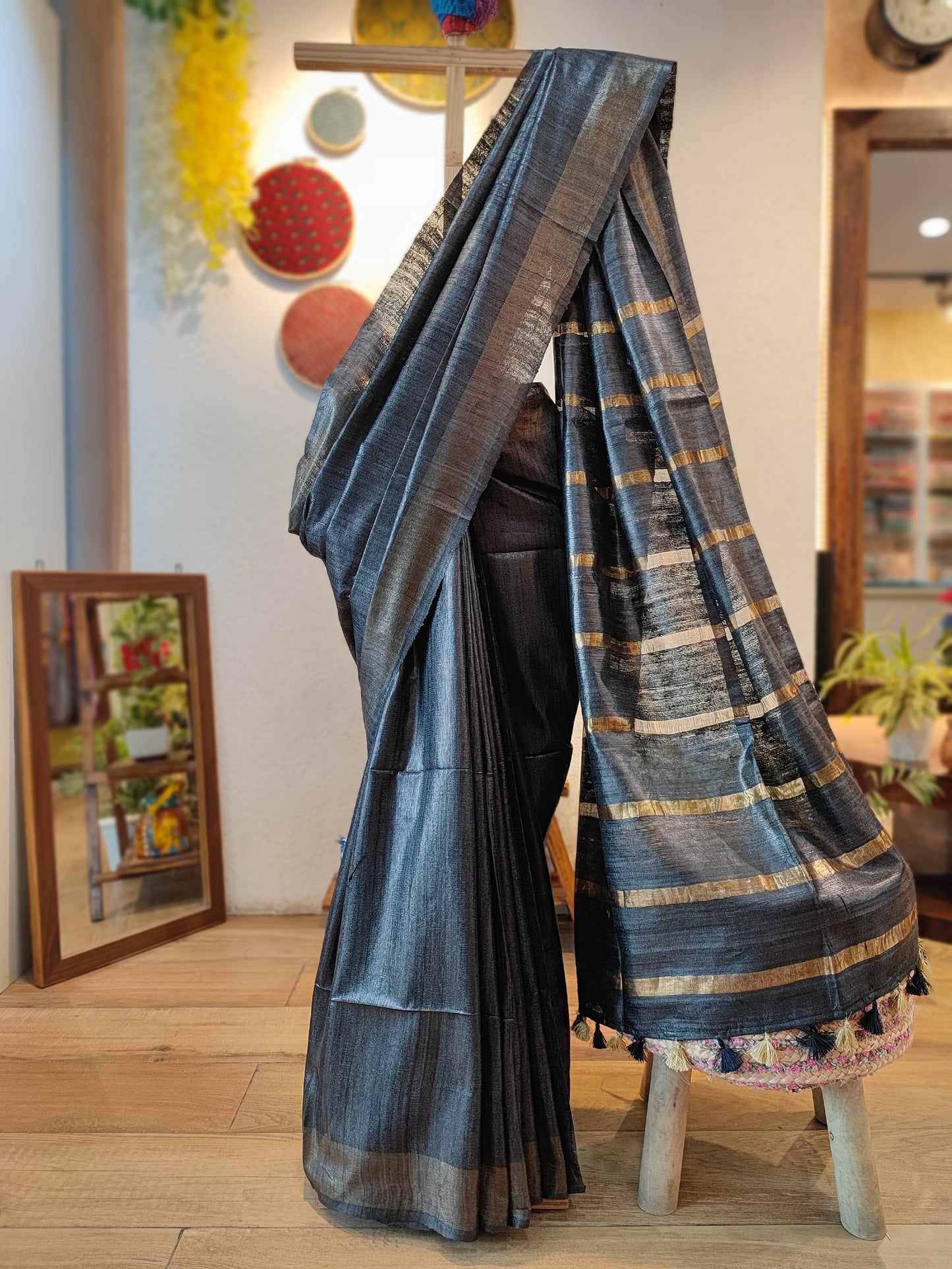 Charcoal Black Tassar Gheecha Silk Saree with golden Stripes