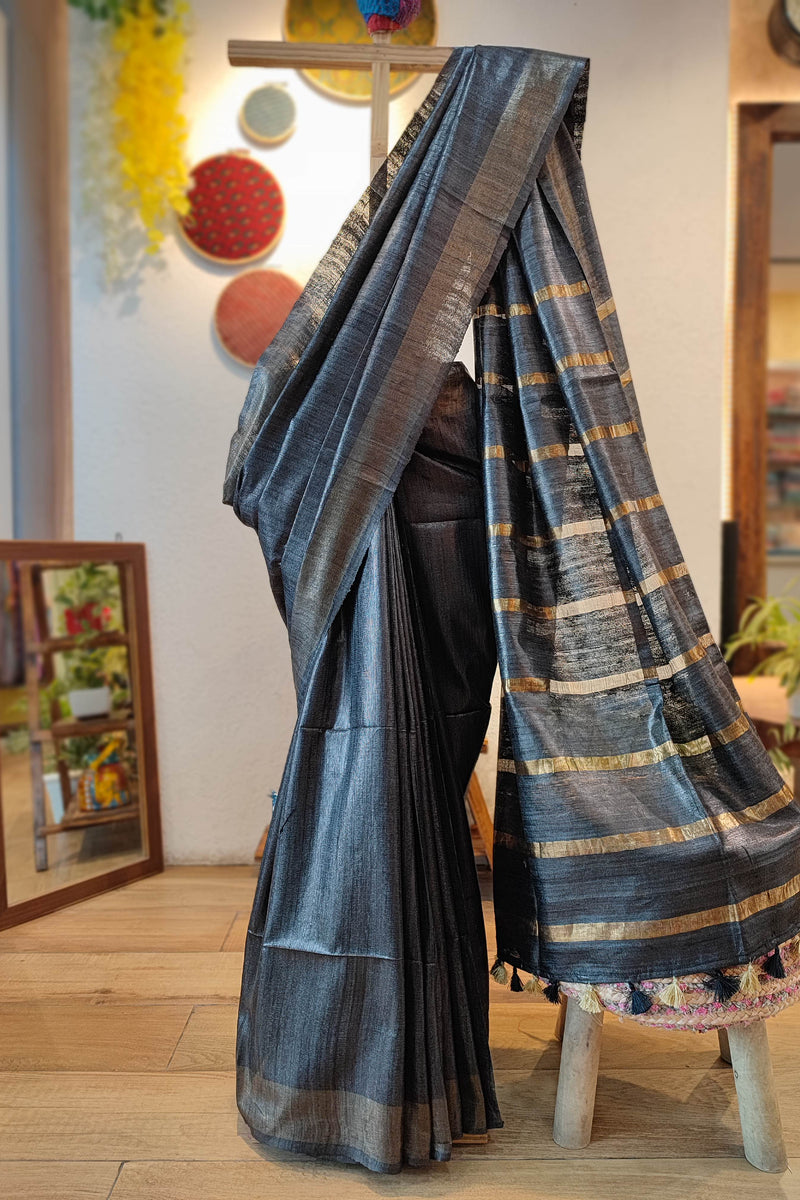 Charcoal Black Tassar Gheecha Silk Saree with golden Stripes