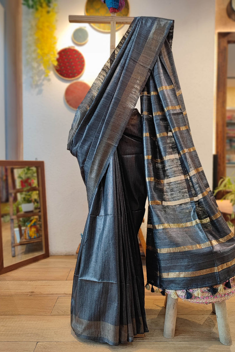 Charcoal Black Tassar Gheecha Silk Saree with golden Stripes